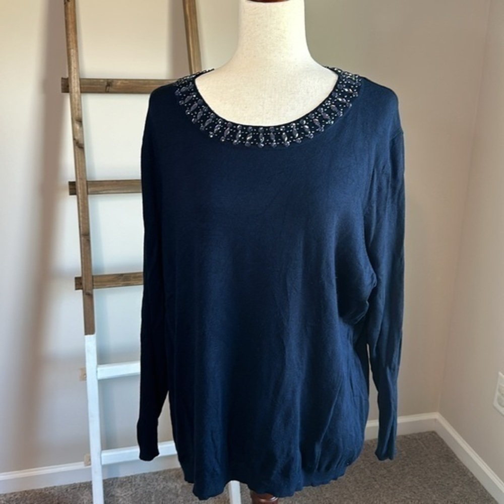 Roz & Ali Navy Sweater with Beading Size 3X but Runs Small- See Measurements